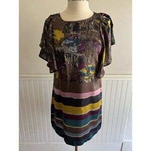 Line & Dot Short Sleeve Mini Dress 100% Silk Multicolor Stripe Abstract Print M
